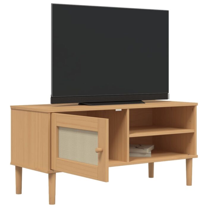 Meuble TV SENJA aspect rotin marron 106x40x49cm bois massif pin – Image 2