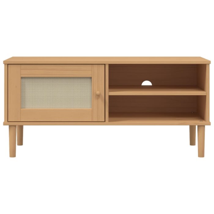 Meuble TV SENJA aspect rotin marron 106x40x49cm bois massif pin – Image 3