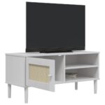 Meuble TV SENJA aspect rotin blanc 106x40x49cm bois massif pin – Image 2
