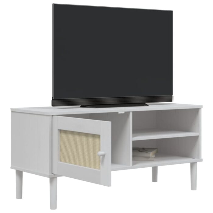 Meuble TV SENJA aspect rotin blanc 106x40x49cm bois massif pin – Image 2
