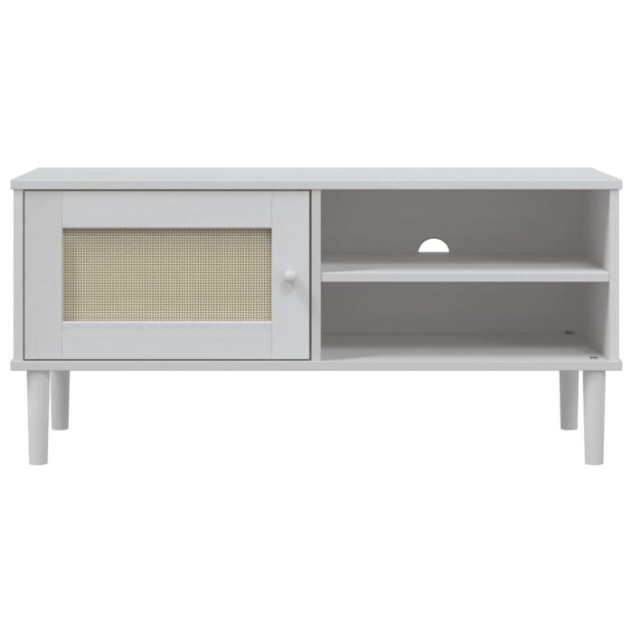 Meuble TV SENJA aspect rotin blanc 106x40x49cm bois massif pin – Image 3