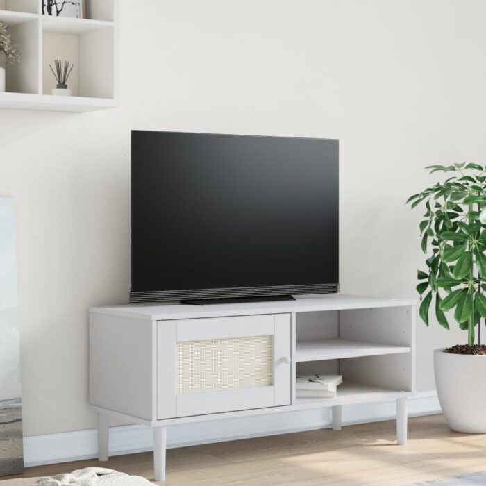 Meuble TV SENJA aspect rotin blanc 106x40x49cm bois massif pin – Image 1