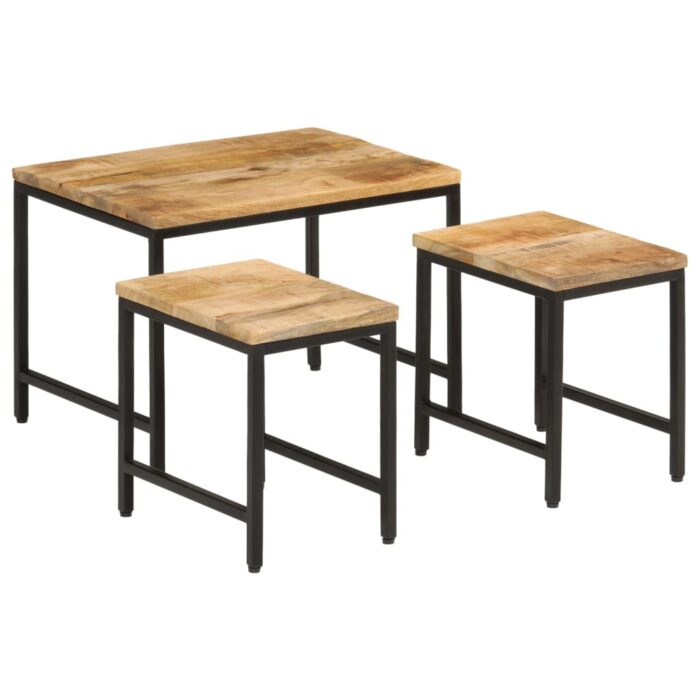 Tables basses gigognes 3pcs bois de manguier massif brut et fer – Image 10