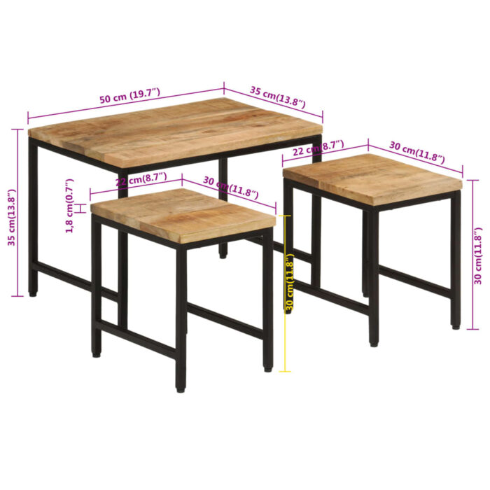 Tables basses gigognes 3pcs bois de manguier massif brut et fer – Image 8