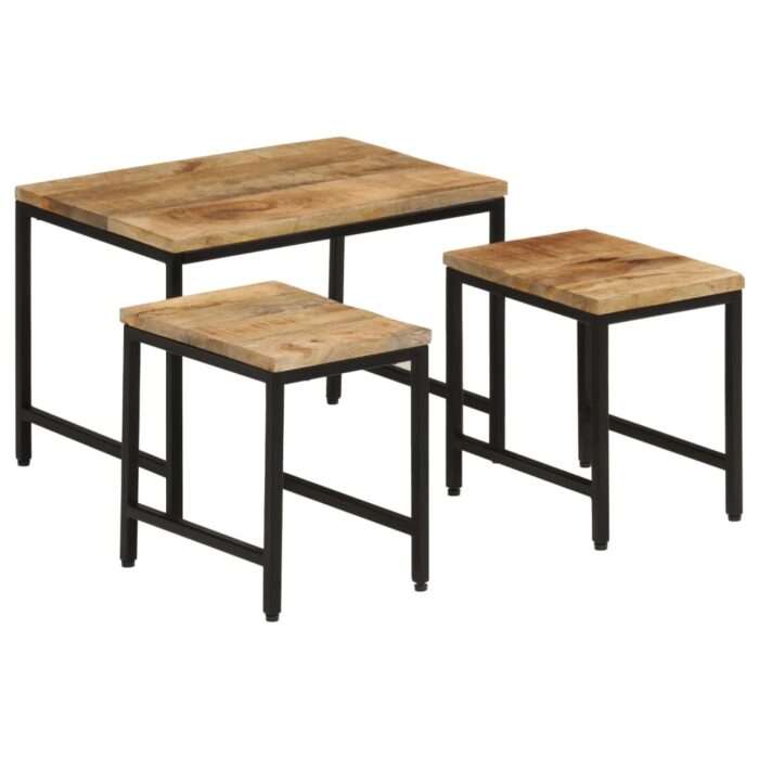 Tables basses gigognes 3pcs bois de manguier massif brut et fer – Image 9
