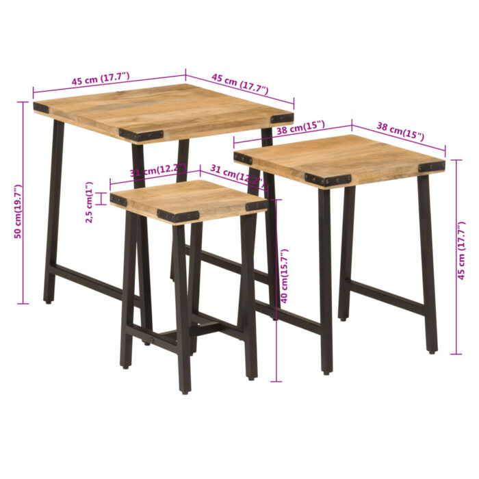Tables basses gigognes 3 pcs bois massif de manguier et fer – Image 7