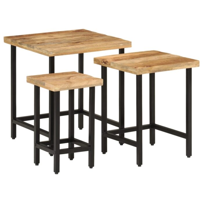 Tables basses gigognes 3pcs bois de manguier massif brut et fer – Image 10