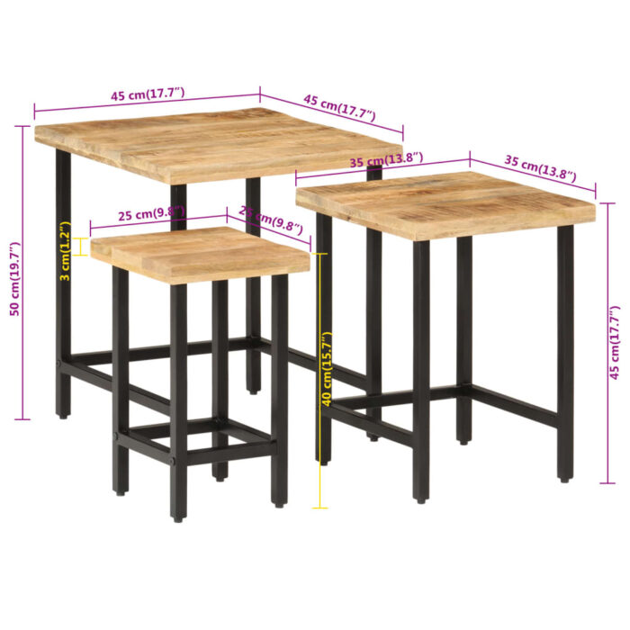 Tables basses gigognes 3pcs bois de manguier massif brut et fer – Image 8