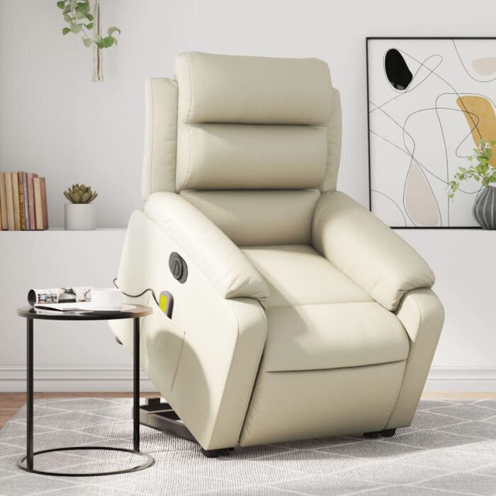 Fauteuil inclinable de massage électrique crème similicuir – Image 1
