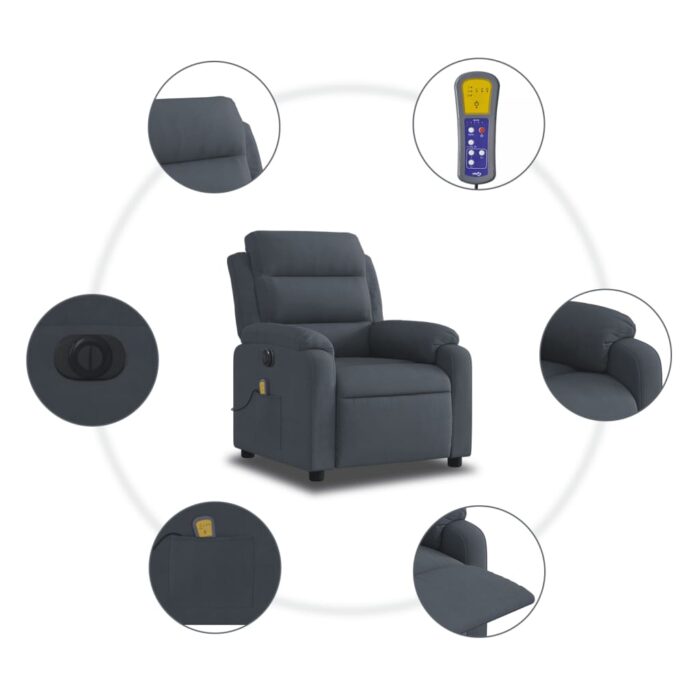 Fauteuil inclinable de massage électrique gris foncé velours – Image 5