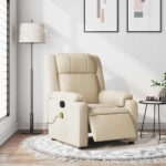Fauteuil inclinable de massage électrique crème tissu – Image 12