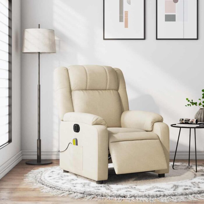 Fauteuil inclinable de massage électrique crème tissu – Image 12