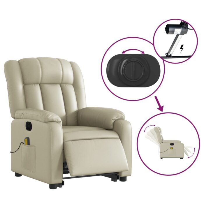 Fauteuil inclinable de massage électrique crème similicuir – Image 3