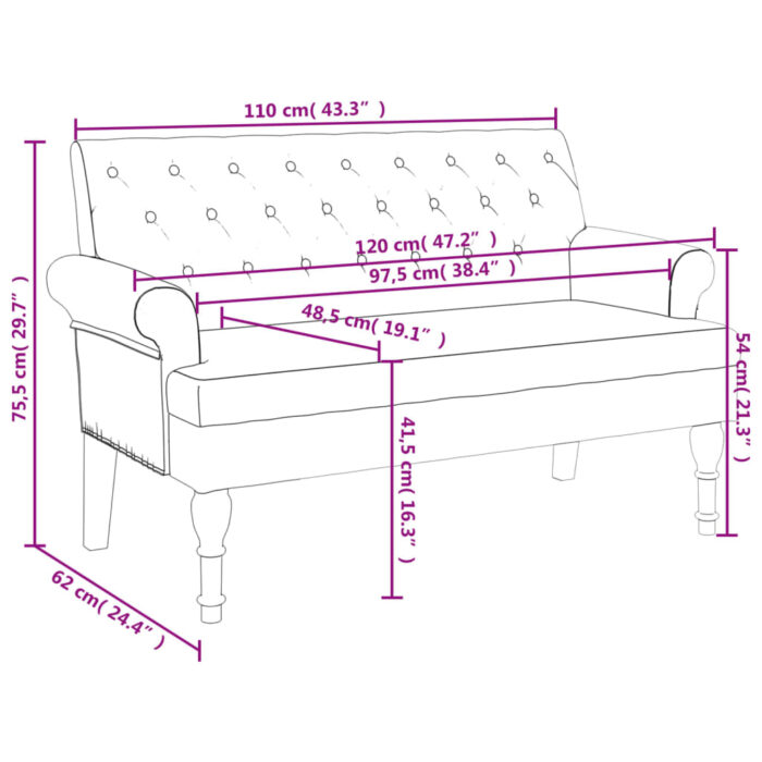 Banc avec dossier noir 120x62x75,5 cm tissu – Image 6