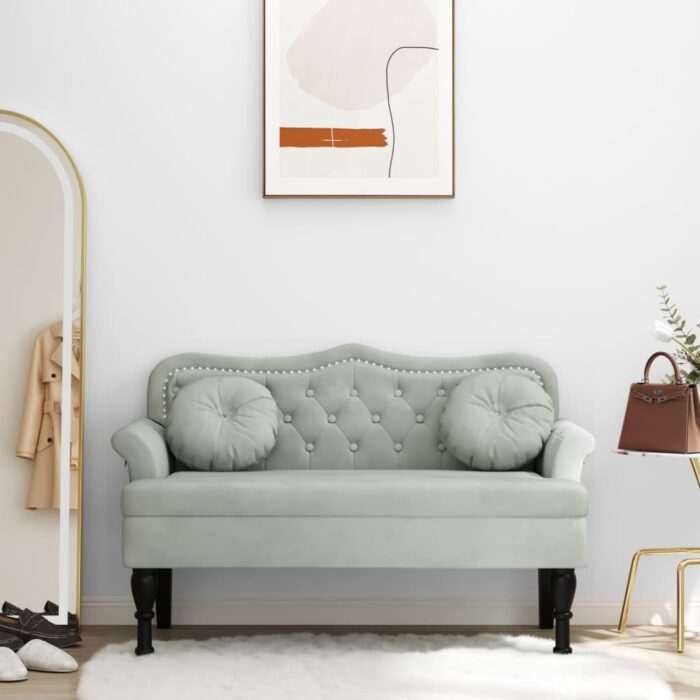 Banc avec coussins gris clair 120,5x65x75 cm velours – Image 1