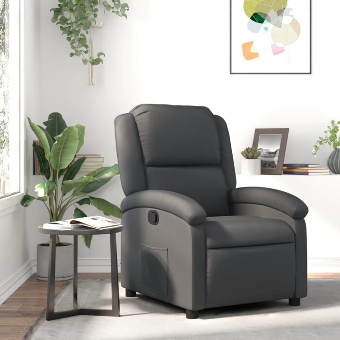 Fauteuil inclinable gris cuir véritable – Image 1
