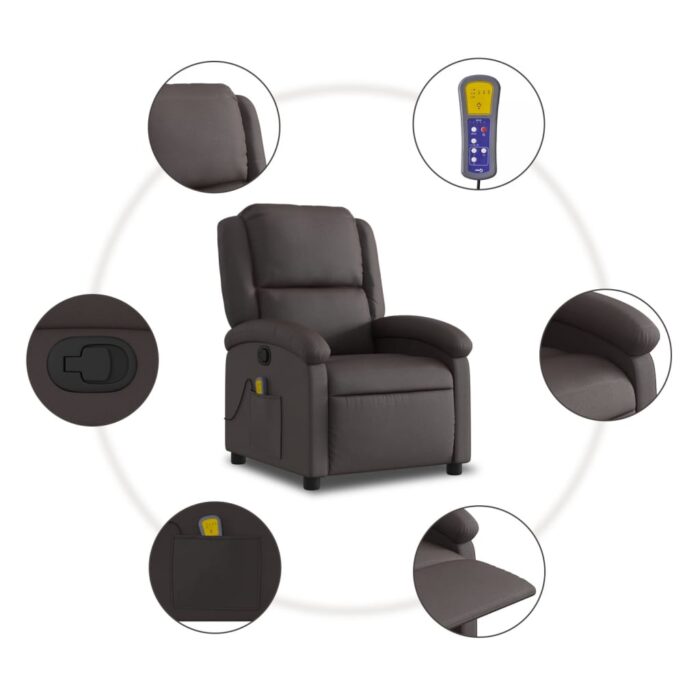 Fauteuil inclinable de massage marron foncé cuir véritable – Image 4