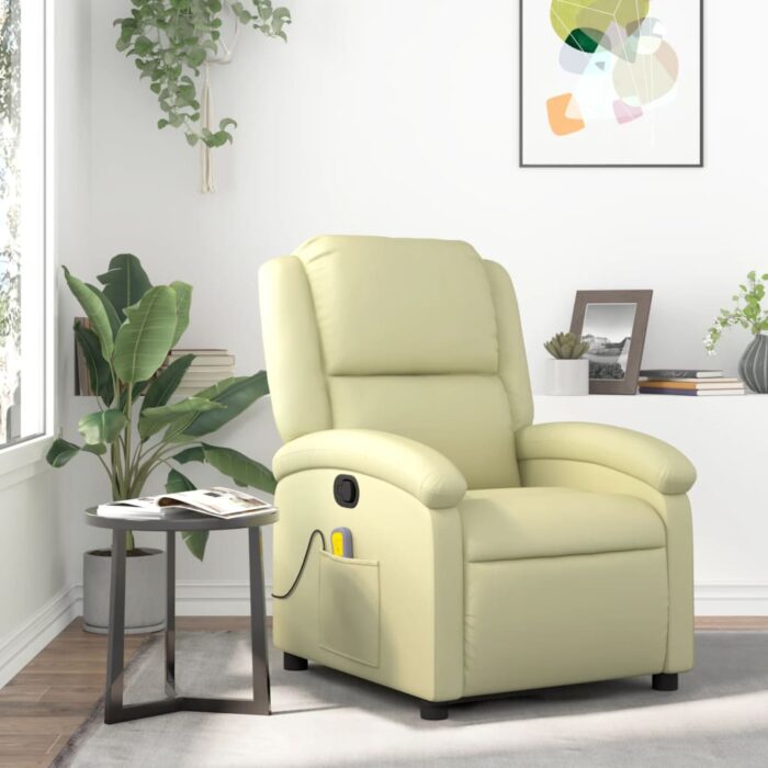Fauteuil de massage inclinable crème cuir véritable – Image 1