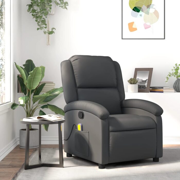 Fauteuil de massage inclinable gris cuir véritable – Image 1