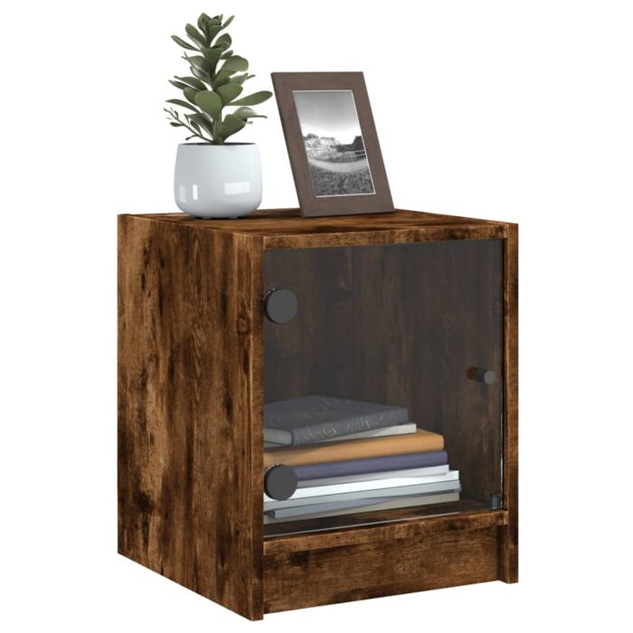 Table de chevet avec porte en verre chêne fumé 35x37x42 cm – Image 2