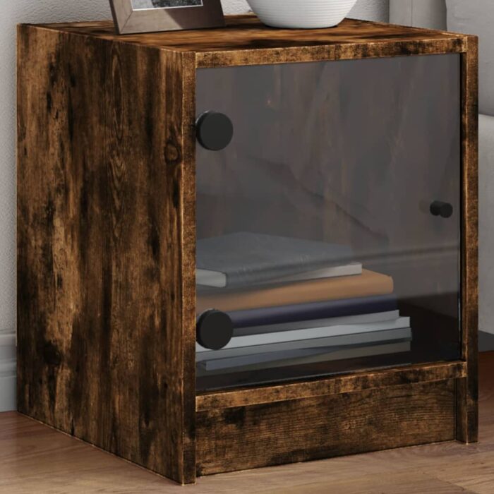 Table de chevet avec porte en verre chêne fumé 35x37x42 cm – Image 1