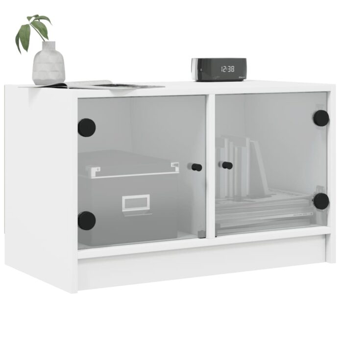 Meuble TV avec portes en verre blanc 68x37x42 cm – Image 2
