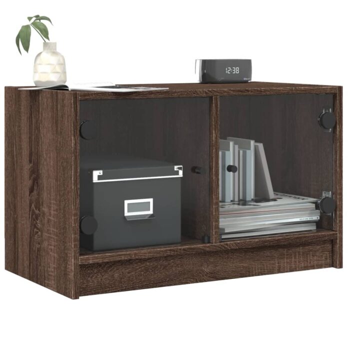Meuble TV avec portes en verre chêne marron 68x37x42 cm – Image 2