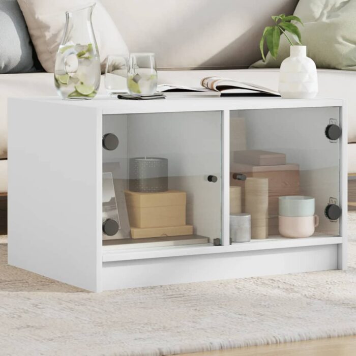 Table basse avec portes en verre blanc 68x50x42 cm – Image 1