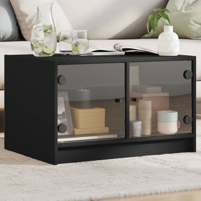 Table basse avec portes en verre noir 68x50x42 cm – Image 1