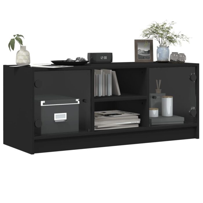 Meuble TV avec portes en verre noir 102x37x42 cm – Image 2