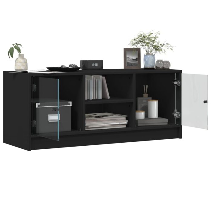 Meuble TV avec portes en verre noir 102x37x42 cm – Image 3