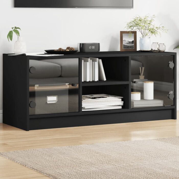 Meuble TV avec portes en verre noir 102x37x42 cm – Image 1