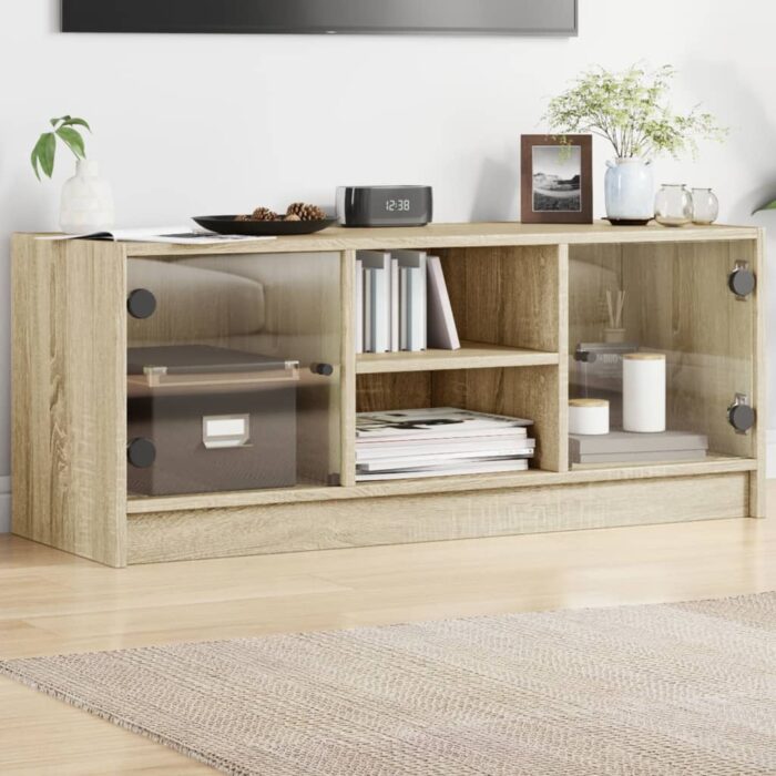 Meuble TV avec portes en verre chêne sonoma 102x37x42 cm – Image 1