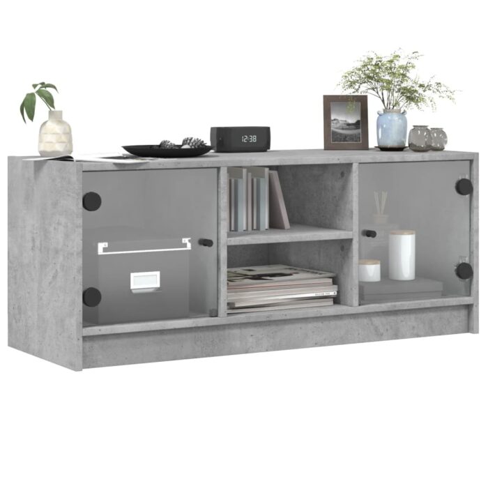 Meuble TV avec portes en verre gris béton 102x37x42 cm – Image 2