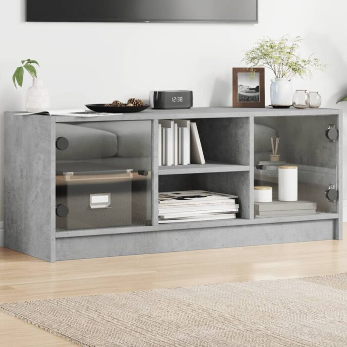 Meuble TV avec portes en verre gris béton 102x37x42 cm – Image 1