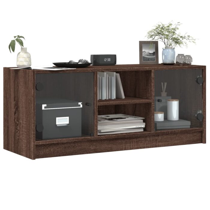 Meuble TV avec portes en verre chêne marron 102x37x42 cm – Image 2
