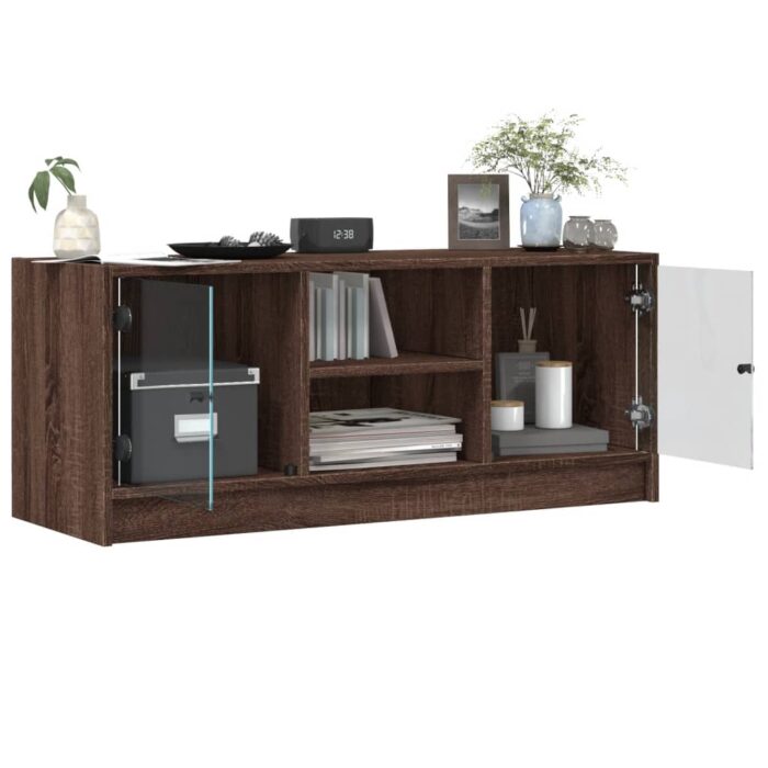 Meuble TV avec portes en verre chêne marron 102x37x42 cm – Image 3