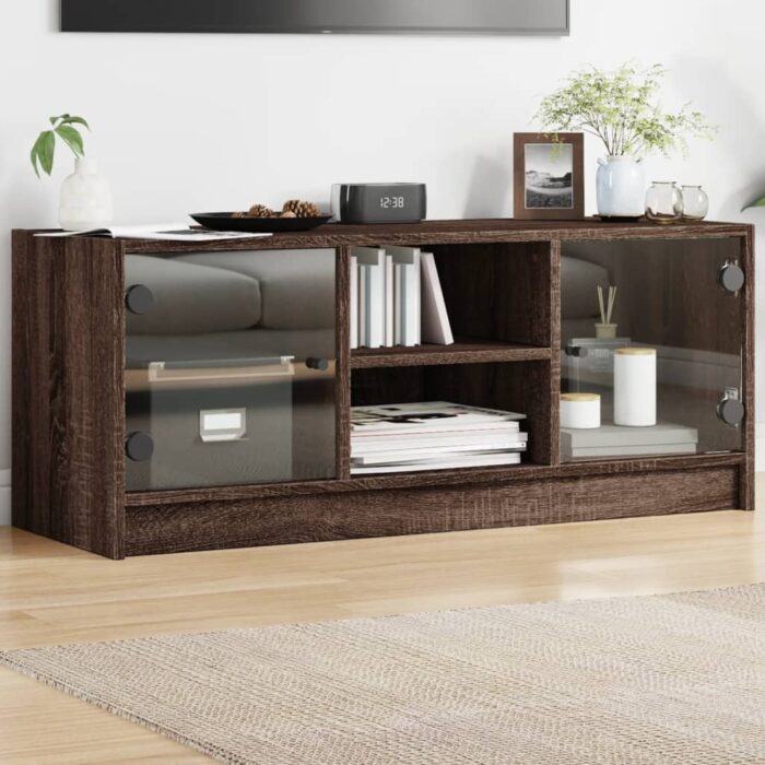 Meuble TV avec portes en verre chêne marron 102x37x42 cm – Image 1