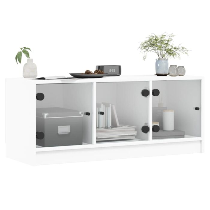 Meuble TV avec portes en verre blanc 102x37x42 cm – Image 2