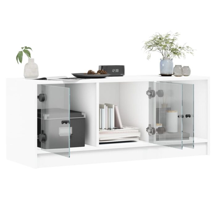 Meuble TV avec portes en verre blanc 102x37x42 cm – Image 3