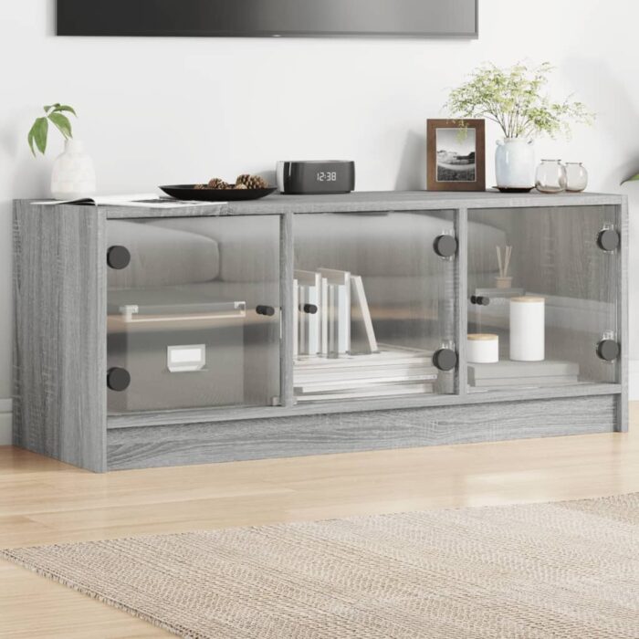 Meuble TV avec portes en verre sonoma gris 102x37x42 cm – Image 1