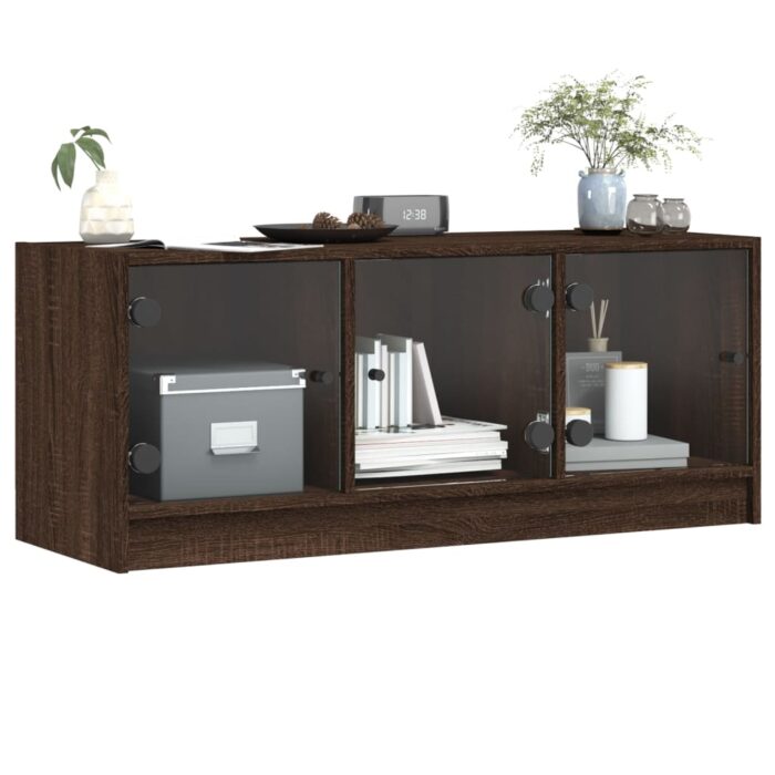 Meuble TV avec portes en verre chêne marron 102x37x42 cm – Image 2