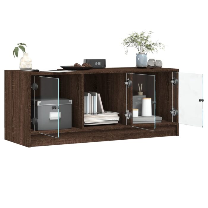 Meuble TV avec portes en verre chêne marron 102x37x42 cm – Image 3