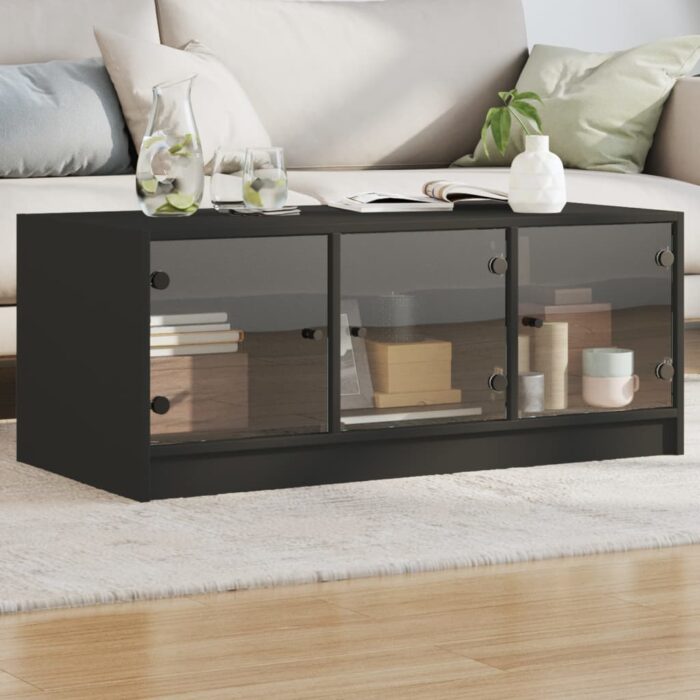 Table basse avec portes en verre noir 102x50x42 cm – Image 1