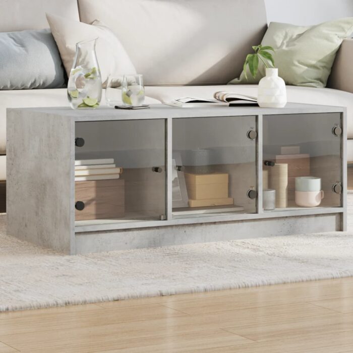 Table basse avec portes en verre gris béton 102x50x42 cm – Image 1
