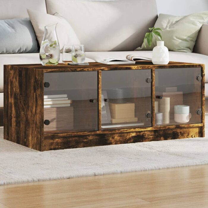 Table basse avec portes en verre chêne fumé 102x50x42 cm – Image 1