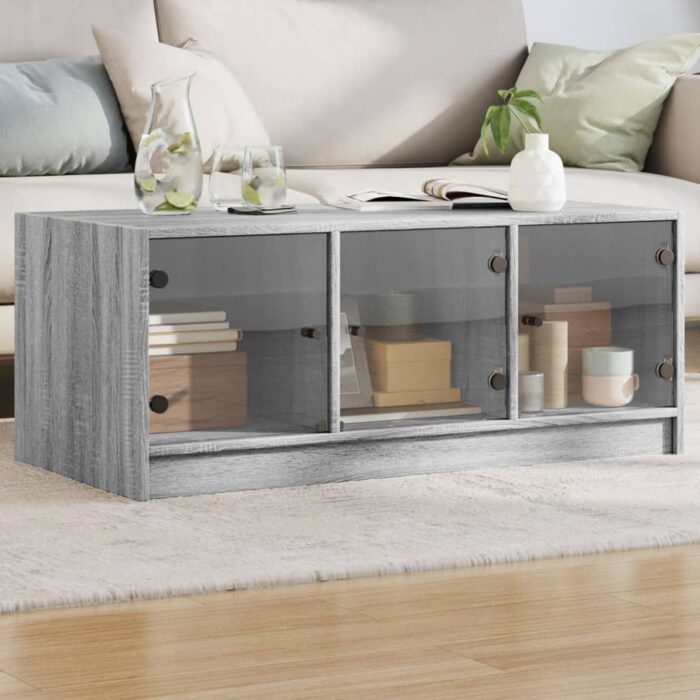 Table basse avec portes en verre sonoma gris 102x50x42 cm – Image 1
