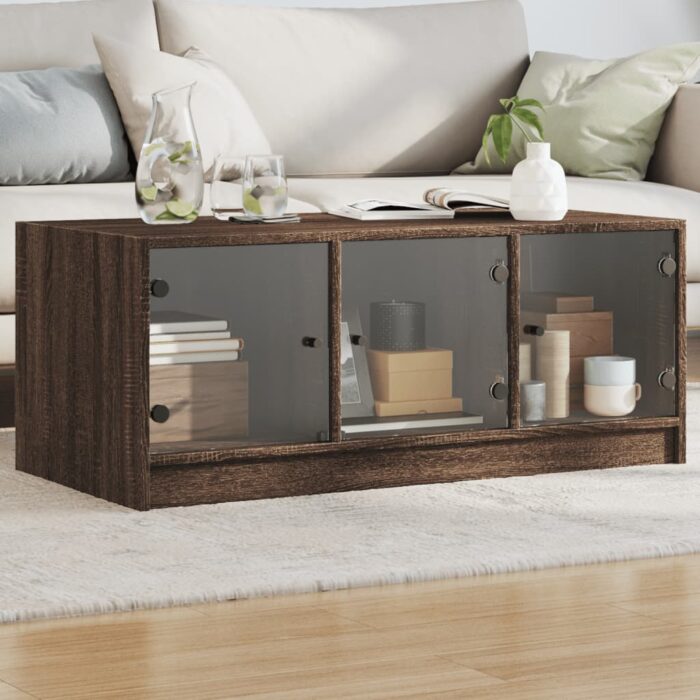 Table basse avec portes en verre chêne marron 102x50x42 cm – Image 1