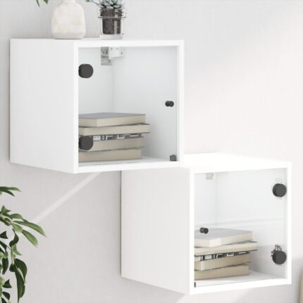 Tables de chevet avec portes en verre 2 pcs blanc 35x37x35 cm