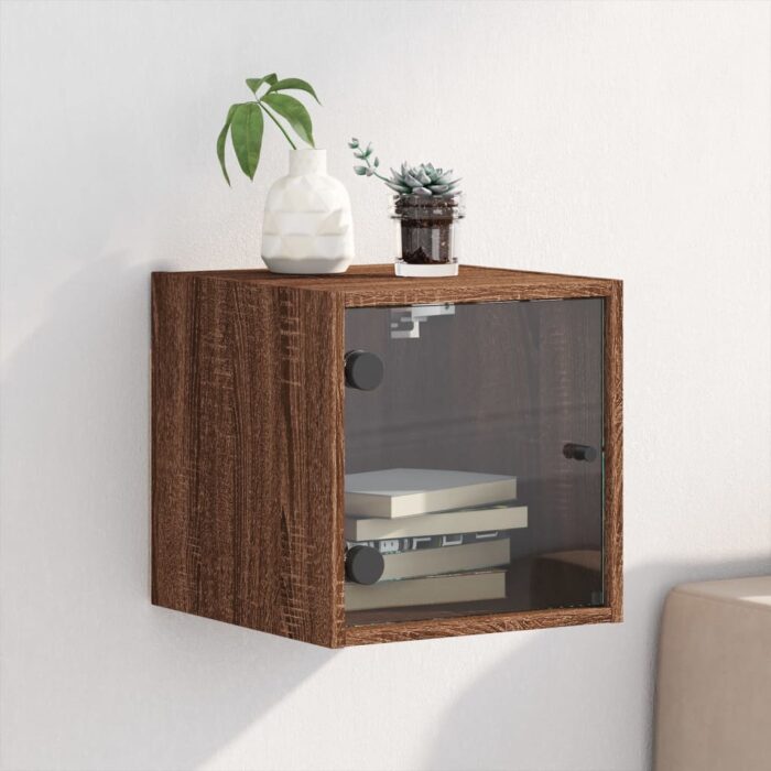 Table de chevet avec porte en verre chêne marron 35x37x35 cm – Image 1